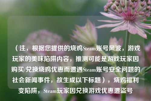 （注，根据您提供的烧鸡Steam账号风波，游戏玩家的美味陷阱内容，推测可能是游戏玩家因购买/兑换烧鸡优惠而遭遇Steam账号安全问题的社会新闻事件，故生成以下标题），烧鸡福利变陷阱，Steam玩家因兑换游戏优惠遭盗号